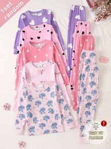 SHEIN 女童舒適時尚卡通圖案長袖長褲兩件套居家服修身款 - 杏色 - 查看 2