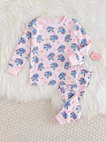 SHEIN 女童舒適時尚卡通圖案長袖長褲兩件套居家服修身款 - 杏色 - 查看 5