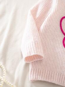 SHEIN Genkimix Kids 女童撞色花卉刺繡針織兩件套，圓領長袖毛衣 + 喇叭長褲，甜美休閒針織套裝 - 淺粉色 - 查看 7