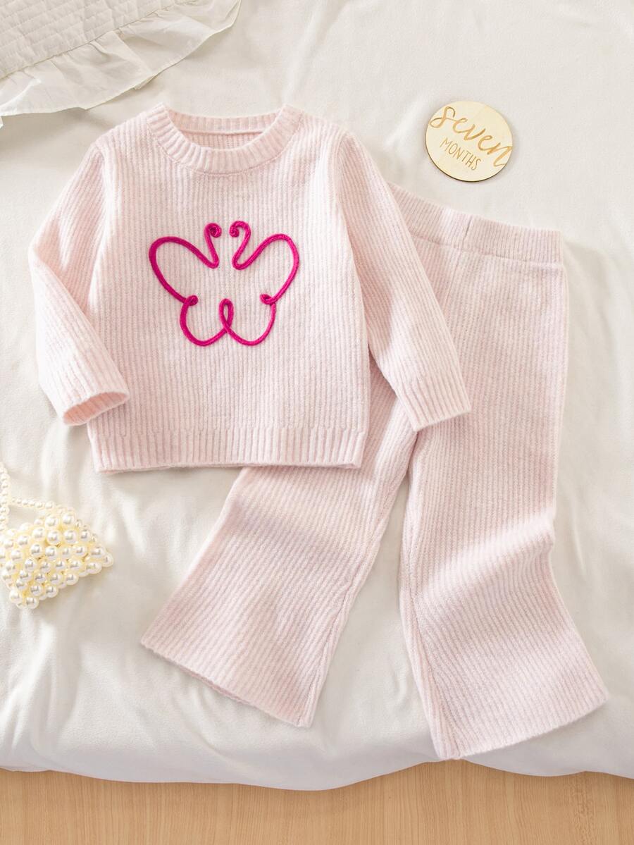 SHEIN Genkimix Kids 女童撞色花卉刺繡針織兩件套,圓領長袖毛衣 + 喇叭長褲,甜美休閒針織套裝 - 淺粉色 - 查看 1