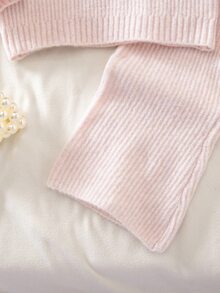 SHEIN Genkimix Kids 女童撞色花卉刺繡針織兩件套，圓領長袖毛衣 + 喇叭長褲，甜美休閒針織套裝 - 淺粉色 - 查看 6