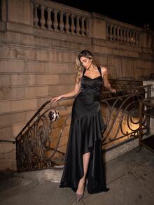 Anewsta Women's Sleeveless Diamond Neckline Back Cross Tie Sexy Open Back Dress With Ruched High Slit To Thigh Elegant Ruffle Mermaid Hem Evening Gown - Black - View 5