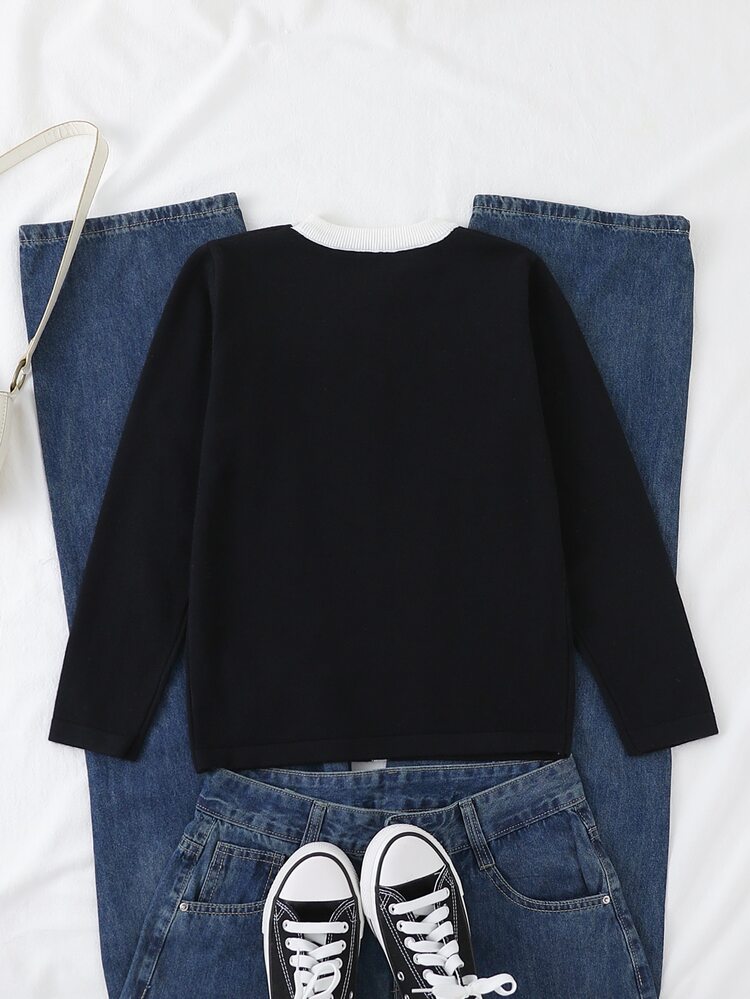 Black Autumn/Winter Black & White Contrast Color Crew Neck Pullover Faux Cardigan Long Sleeve Knit Sweater - Black - View 2