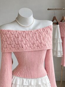 Elamini Women's Autumn/Winter Off-Shoulder Floral Hollow Out Asymmetrical Design Fitted Sweet Vibe Versatile Knit Long Sleeve Sweater - Pink - View 3