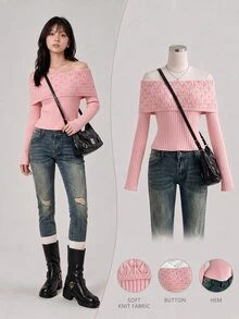 Elamini Women's Autumn/Winter Off-Shoulder Floral Hollow Out Asymmetrical Design Fitted Sweet Vibe Versatile Knit Long Sleeve Sweater - Pink - View 9