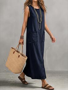Everyssa Dual Pocket Split Hem Denim Dress - Blue - View 3