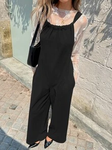 Breezaya Casual Vacation Versatile Bohemian Loose Camisole Tie-Front Straight Leg Jumpsuit Vacation Black Fall - Black - View 7