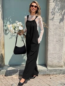 Breezaya Casual Vacation Versatile Bohemian Loose Camisole Tie-Front Straight Leg Jumpsuit Vacation Black Fall - Black - View 3