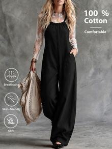 Breezaya Casual Vacation Versatile Bohemian Loose Camisole Tie-Front Straight Leg Jumpsuit Vacation Black Fall - Black - View 1
