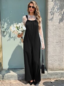 Breezaya Casual Vacation Versatile Bohemian Loose Camisole Tie-Front Straight Leg Jumpsuit Vacation Black Fall - Black - View 4