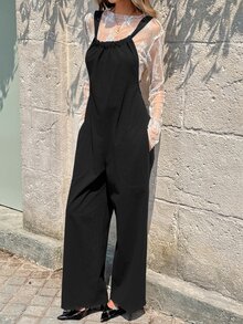Breezaya Casual Vacation Versatile Bohemian Loose Camisole Tie-Front Straight Leg Jumpsuit Vacation Black Fall - Black - View 6