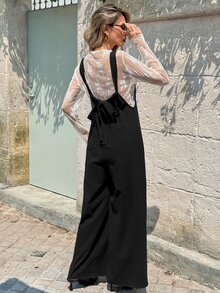 Breezaya Casual Vacation Versatile Bohemian Loose Camisole Tie-Front Straight Leg Jumpsuit Vacation Black Fall - Black - View 2