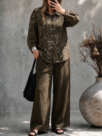 Ceyna Plus Size Women's French Casual Elegant Faux Embroidery Long Sleeve Shirt And Pants