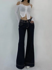 DAZY 女款時尚串珠腰部設計喇叭牛仔褲 - 深色水洗藍 - 查看 2