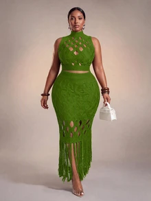 Veslaya Plus Size Hollow Out Turtleneck Sleeveless Top And Fringe Hem Skirt Sweater Set Fall - Green - View 1