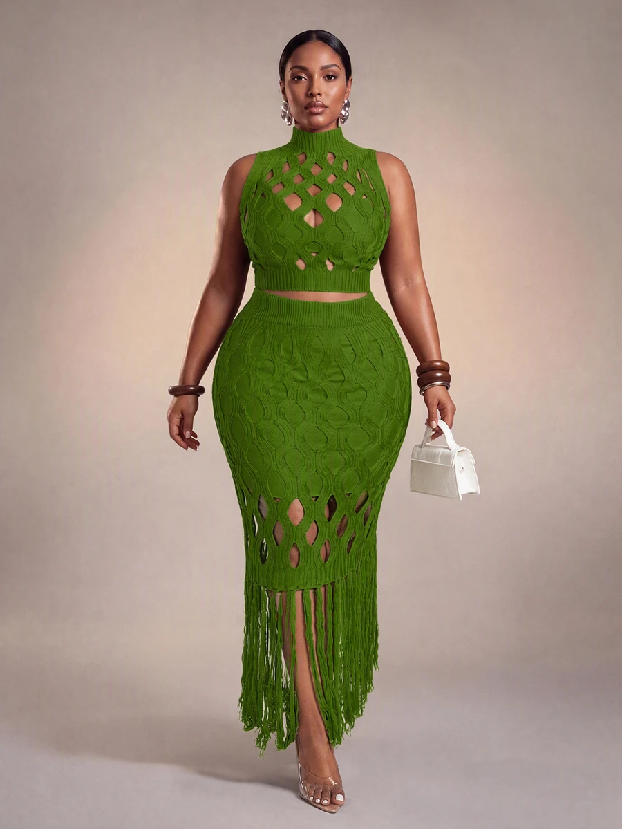 Veslaya Plus Size Hollow Out Turtleneck Sleeveless Top And Fringe Hem Skirt Sweater Set Fall - Green - View 1