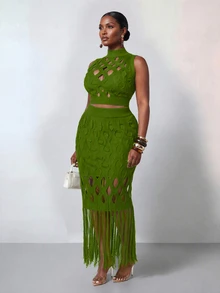 Veslaya Plus Size Hollow Out Turtleneck Sleeveless Top And Fringe Hem Skirt Sweater Set Fall - Green - View 2