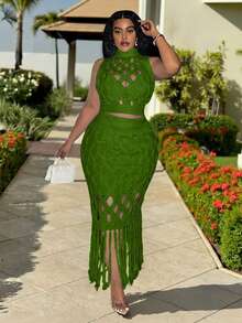 Veslaya Plus Size Hollow Out Turtleneck Sleeveless Top And Fringe Hem Skirt Sweater Set Fall - Green - View 12