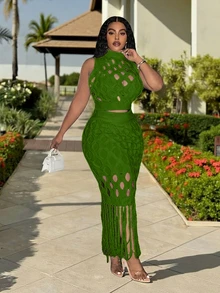 Veslaya Plus Size Hollow Out Turtleneck Sleeveless Top And Fringe Hem Skirt Sweater Set Fall - Green - View 10