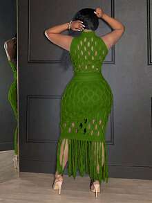 Veslaya Plus Size Hollow Out Turtleneck Sleeveless Top And Fringe Hem Skirt Sweater Set Fall - Green - View 4