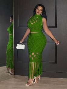Veslaya Plus Size Hollow Out Turtleneck Sleeveless Top And Fringe Hem Skirt Sweater Set Fall - Green - View 6