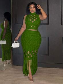 Veslaya Plus Size Hollow Out Turtleneck Sleeveless Top And Fringe Hem Skirt Sweater Set Fall - Green - View 13
