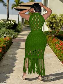 Veslaya Plus Size Hollow Out Turtleneck Sleeveless Top And Fringe Hem Skirt Sweater Set Fall - Green - View 9