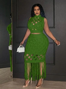 Veslaya Plus Size Hollow Out Turtleneck Sleeveless Top And Fringe Hem Skirt Sweater Set Fall - Green - View 7