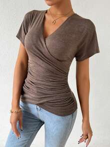 SHEIN LUNE قميص ذو تصميم وردين وطيات - بني - مشاهدة 7