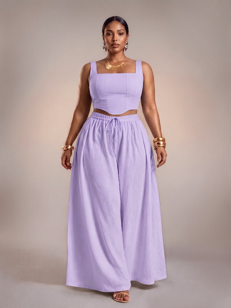 Zivah 2025 New Spring/Summer Vacation Casual Elegant Purple Fishbone Strap Top And Wide Leg Pants With Pockets 2 Pieces Set Plus Size Women Brunch - Purple - View 2