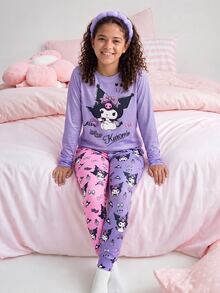 HELLO KITTY AND FRIENDS | SHEIN 2件組 青少年女孩休閒可愛精緻舒適修身針織紫色圖案長袖套頭T恤與印花長褲睡衣套裝，適合室內、適合睡眠、適合秋冬 - 紫色 - 查看 6