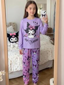HELLO KITTY AND FRIENDS | SHEIN 2件組 青少年女孩休閒可愛精緻舒適修身針織紫色圖案長袖套頭T恤與印花長褲睡衣套裝，適合室內、適合睡眠、適合秋冬 - 紫色 - 查看 7