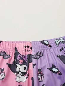 HELLO KITTY AND FRIENDS | SHEIN 2件組 青少年女孩休閒可愛精緻舒適修身針織紫色圖案長袖套頭T恤與印花長褲睡衣套裝，適合室內、適合睡眠、適合秋冬 - 紫色 - 查看 5