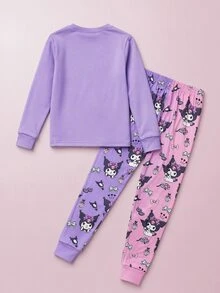HELLO KITTY AND FRIENDS | SHEIN 2件組 青少年女孩休閒可愛精緻舒適修身針織紫色圖案長袖套頭T恤與印花長褲睡衣套裝，適合室內、適合睡眠、適合秋冬 - 紫色 - 查看 3