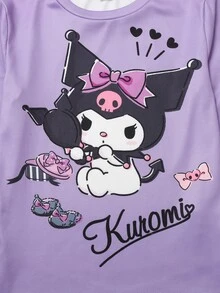 HELLO KITTY AND FRIENDS | SHEIN 2件組 青少年女孩休閒可愛精緻舒適修身針織紫色圖案長袖套頭T恤與印花長褲睡衣套裝，適合室內、適合睡眠、適合秋冬 - 紫色 - 查看 4