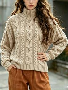 Balvessa Women's Versatile Cable Knit Fashion Long Sleeve Sweater For Daily Wear - Khaki - View 5