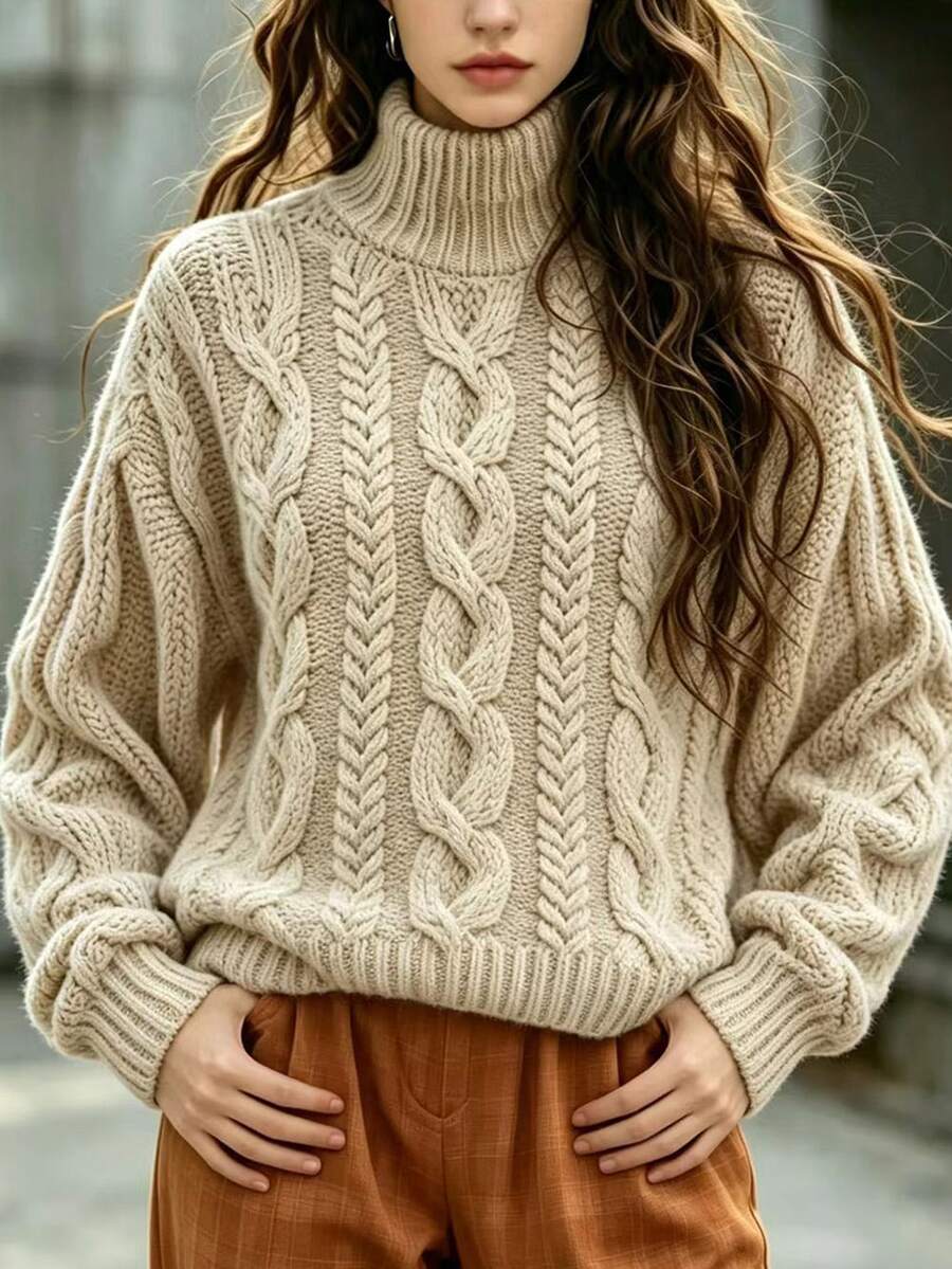 Balvessa Women's Versatile Cable Knit Fashion Long Sleeve Sweater For Daily Wear - Khaki - View 1