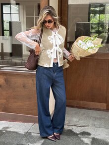 Serisse Women's Versatile Vacation Bow Tie Lace-Up Jacquard Vest Jacket - Brown - View 7
