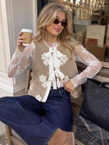 Serisse Women's Versatile Vacation Bow Tie Lace-Up Jacquard Vest Jacket - Brown - View 4