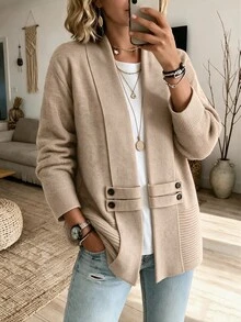 Louniche Women's Elegant Casual Intellectual V-Neck Symmetrical Cinched Waist Cinched Knit Cardigan Brunch Office Khaki Autumn Winter Festival Modern Vintage - Khaki - View 1