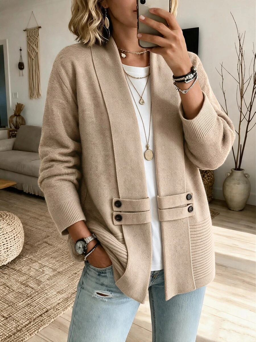 Louniche Women's Elegant Casual Intellectual V-Neck Symmetrical Cinched Waist Cinched Knit Cardigan Brunch Office Khaki Autumn Winter Festival Modern Vintage - Khaki - View 1