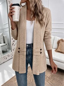 Louniche Women's Elegant Casual Intellectual V-Neck Symmetrical Cinched Waist Cinched Knit Cardigan Brunch Office Khaki Autumn Winter Festival Modern Vintage - Khaki - View 6