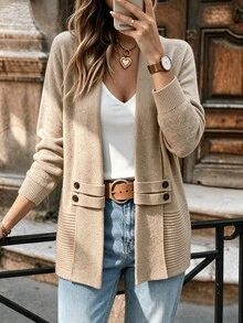 Louniche Women's Elegant Casual Intellectual V-Neck Symmetrical Cinched Waist Cinched Knit Cardigan Brunch Office Khaki Autumn Winter Festival Modern Vintage - Khaki - View 3