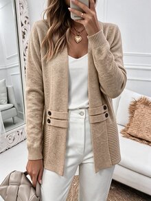 Louniche Women's Elegant Casual Intellectual V-Neck Symmetrical Cinched Waist Cinched Knit Cardigan Brunch Office Khaki Autumn Winter Festival Modern Vintage - Khaki - View 9