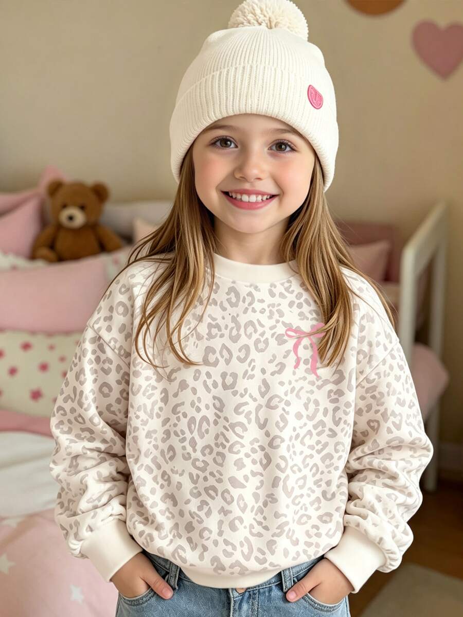 SHEIN Playful Pals Girls' Fashionable White Leopard Print Colorblock Bow Graphic Basic Crew Neck Sweatshirt Birthday Autumn Fairy Princess Halloween 1st 7th Birthday - Multicolor - View 1