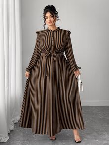 Elenzga Plus Size Stand Collar Long Sleeve Casual Dress - Brown - View 3