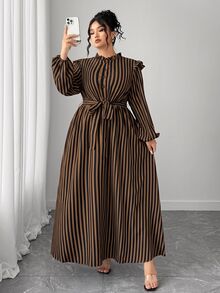 Elenzga Plus Size Stand Collar Long Sleeve Casual Dress - Brown - View 1