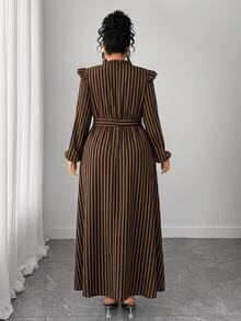 Elenzga Plus Size Stand Collar Long Sleeve Casual Dress - Brown - View 2