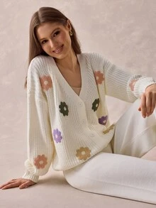 SHEIN ملابس نسائية كارديجان محبوك بنقشة زهرة الأقحوان & بنطلون واسع الساق طقم متناسق - كريم - مشاهدة 4