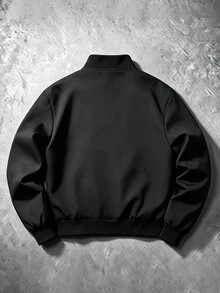Manfinity Homme 男士不對稱拉鍊棒球夾克，立領街頭風休閒外套，寬鬆版型 - 黑色 - 查看 2